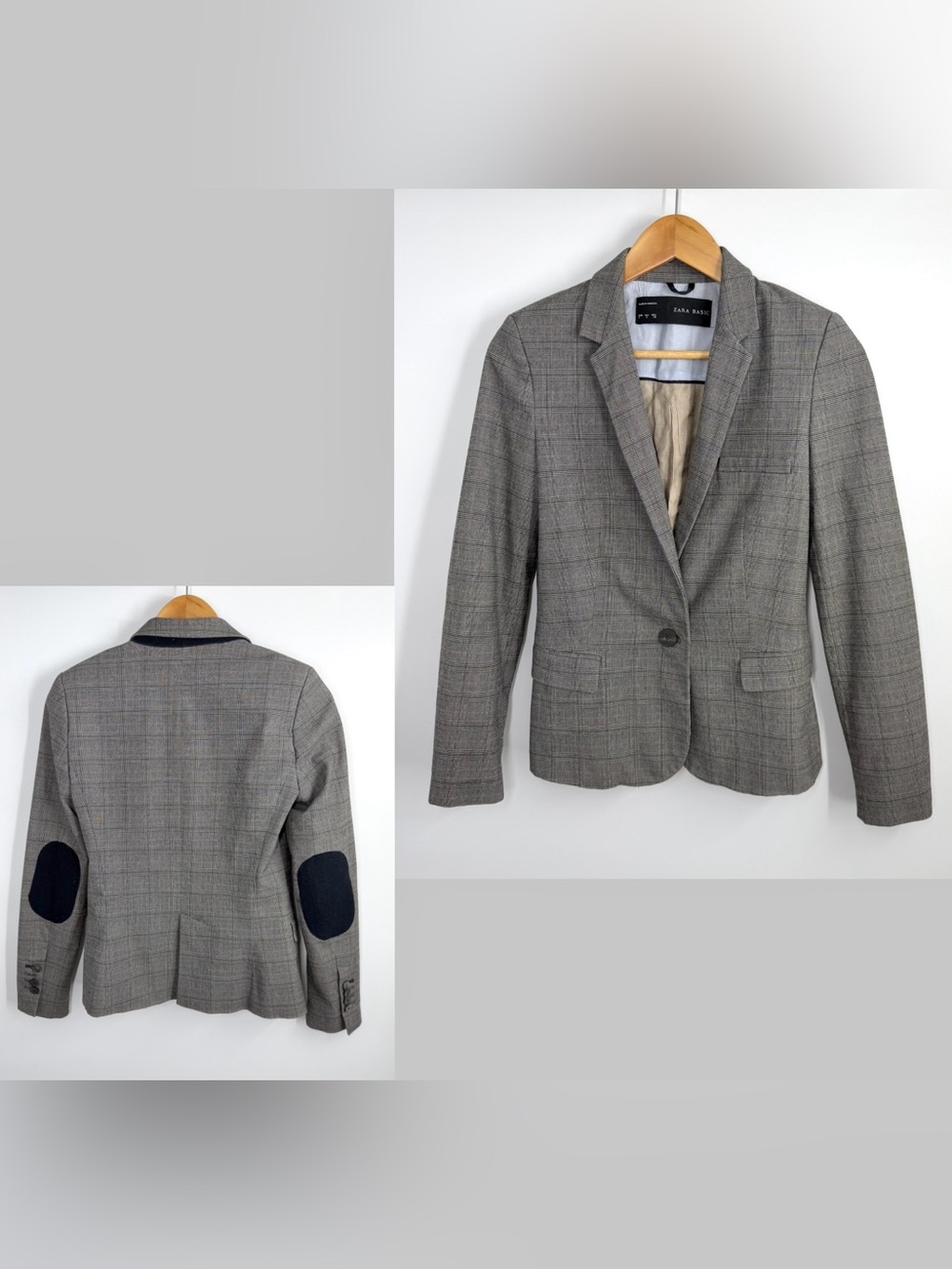Zara Gray Plaid Blazer with Navy Elbow Patches